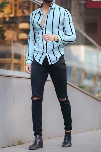 Image of MiraMichi Men's Striped Slim Fit Lycra Shirt | Full Sleeve Stretchable Shirt | Trendy Black and White Vertical Stripes for Casual