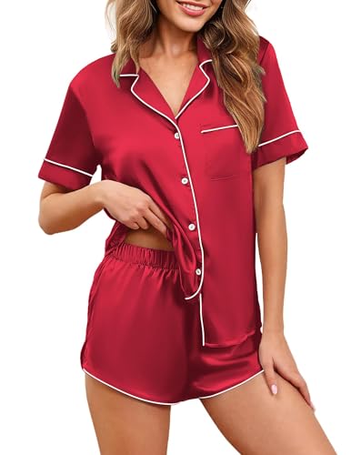 Ekouaer Valentines Pajamas for Women Silk Satin Pajamas Set Short Sleeve Sleepwear Button Down Loungewear 2 Piece Pjs Shorts Set Red Large