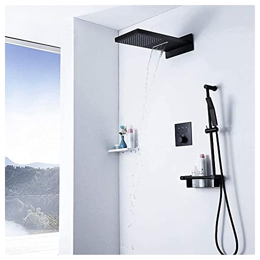 Dold termostatisk duschblandare set svart vattenfall duschhuvud regn handhållen dusch med slang kalk ta bort blandare duschkit för bad dusch förvaring