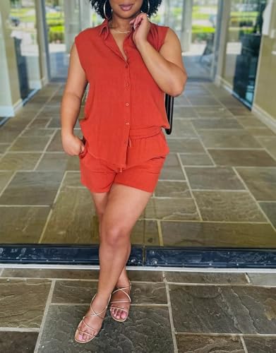 acelyn Womens 2 Piece Outfits Summer Sleeveless Button Down Shirt Tops Shorts Sets Resort Wear Lounge Beach Casual Tracksuits4