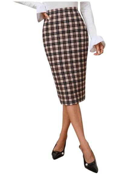 jinjin fashion Plaid Pencil Skirt, Black and White Check Pattern, Knee Length, Elastic Waist-picture-15