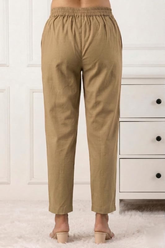 Image of Solid Cotton Woman Trousers Pants Regular Fit Kurti Pant with Drawstring Daily Office Formal Casual Use