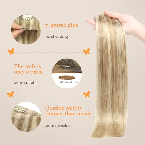 Image of DOORES Human Hair Clip in Extensions, Light Blonde Highlighted Golden Blonde 22 Inch 110g 7pcs, Seamless Clip in Hair Extensions Real Human Hair Remy Straight Skin Weft Invisi Edge Hair Extensions