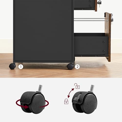 Image of VASAGLE 2 Drawer File Cabinet with Lock, Rolling Printer Stand | Under Desk Filing Cabinet, 17.3 x 16.5 x 27.2 in, Rustic Brown and Ink Black, Dacey Collection, UOFC077B01