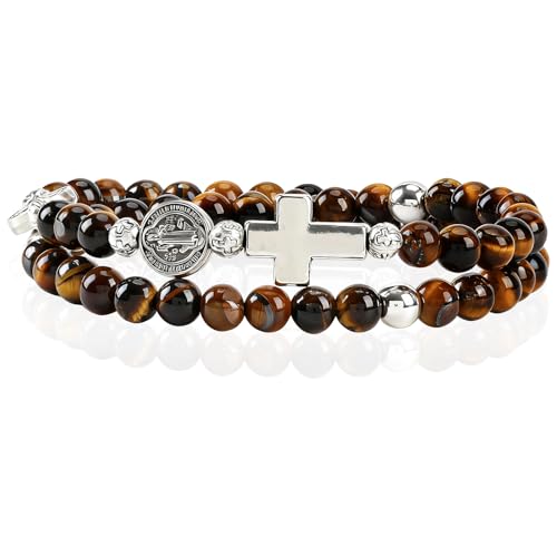SHIEAGLELD Bracelet Oeil de Tigre Homme, Bracelets Chapelet Rose, Bracelet Homme Catholique Avec Croix Médaille et St Benoît, Pierre Naturelle Hématite...