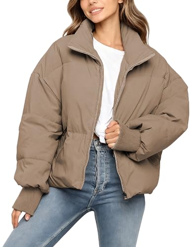 UANEO Puffer Jacket Womens Oversized Cropped Puffy Quilted Winter Jackets Coat (Khaki-S)