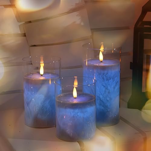 LED Kerzen Flammenlose im Glas, 3PC Flammenlose Kerzen mit Fernbedienung Timer Funktion, Elektrische Kerzen Echtes Wachs, Paraffin Kerzen für Hochzeit, Party, Dekoration(Blau – Bild 5