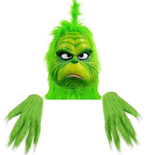 WPOZD Deluxe Green Monster Christmas Mask with Santa Hat Adult Size Plush Fur Holiday Costume Accessory (Mask and Gloves)