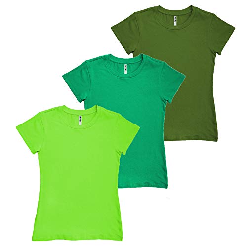Phat Doc Women's Basic Solid Crew-Neck Casual Tee Short Sleeve T-Shirt (3 Pack) (Kelly Green, Olive, Lime Green, Large)