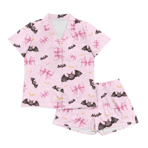 Image of Renewold Button Down Womens Pajama Set Short Sleeve Loungewear Bow Nightwear Sleepwear Night Suit Tops Shorts 2 Pieces