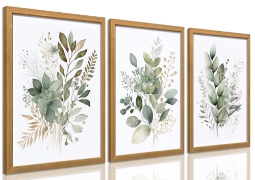 Sage Green Botanical Wall Art Set of 3, Modern Watercolor Eucalyptus Leaf Canvas Prints, Minimalist Boho Floral Wall Decor for Bathroom Bedroom Office, Wood Framed 12x16 Inch Ready to Hang