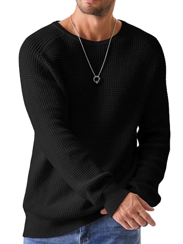 Elegancity Herren Rundrals Pullover Schwarz Einfarbig Strickpullover Loose Fit Grobstrick Pulli Warm Sweater Langarmshirt M