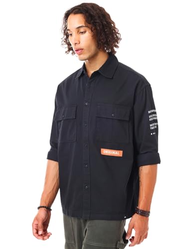 Image of Bewakoof Men's Graphic Printed Oversized Fit Full Sleeve Collar 100% Cotton Shirt