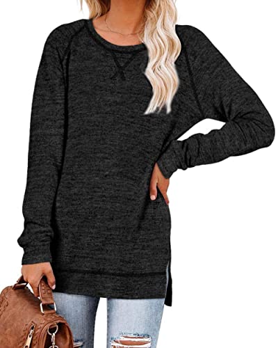 FANGJIN Damen Pullover Casual Solid Langarm Tshirt Oberteile Winter Longpullover Bluse Elegant Langarmshirt Kleidung Schwarz Mittel M Cover