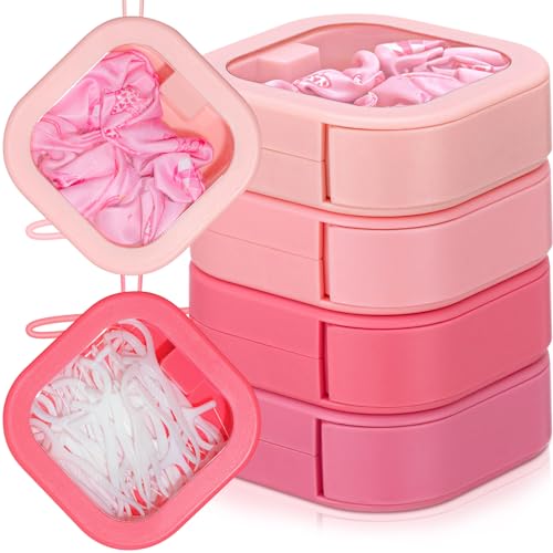 Kathfly 4 Pcs Pink Color Hair Tie Organizer Portable Hair Accessory Storage Containers Stackable Tie Bobby Pin Holder Home Cotton Swab Dispenser Accessories Jewelry Organizer Box