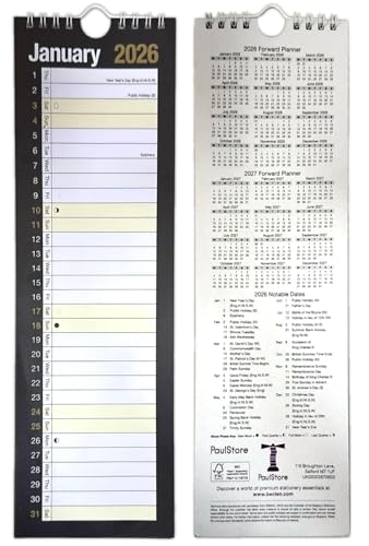 PaulStore 2026 Slim month to view spiral bound wall planner calendar Red and white (Black 2026)