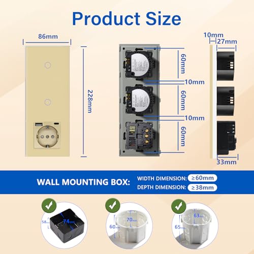 BSEED Touch Lichtschalter mit Steckdosen doppelte 1 Fach 1 Weg Wandschalter mit einer USB Steckdose Anschluss (Max. 2.1A) Typ C Port Unterputz Touchscreen-schalter mit Glasrahmen 228mm Golden