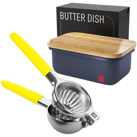Dark Gray Butter Dish with Bamboo Lid and Stainless Steel Lemon Squeezer Press Yellow Kitchen Bundle by Kensington London Cover