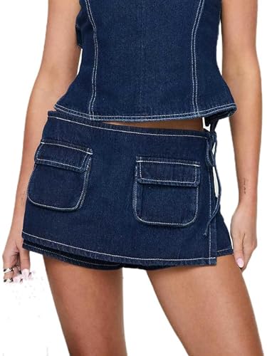 Image of SANSIWU Womens Mini Cargo Skirts Y2k Denim Skirt with Pockets Low Waist Button Jean Skirts Vintage Short Bodycon Skirts with Pockets (Dark Blue, XL)