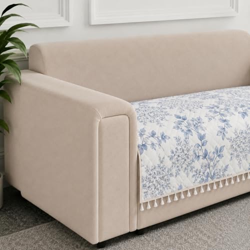 Image of STITCHNEST 'Frostvine Collection' 3 Seater Sofa Cover| Cotton Quilted Fabric, Decorative Tassels, Washable & Durable for Modern Living