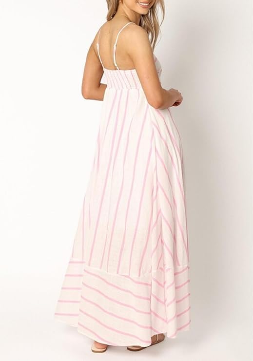Image of KMBANGI Women Striped Sleeveless Maxi Dress Swing Patchwork Midi Dress Smocked Spaghetti Strap Colorful Long Sundress