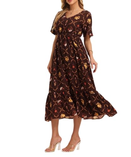 Image of Women's Summer Short Sleeve Maxi Floral Flowy Dresses with Pockets
