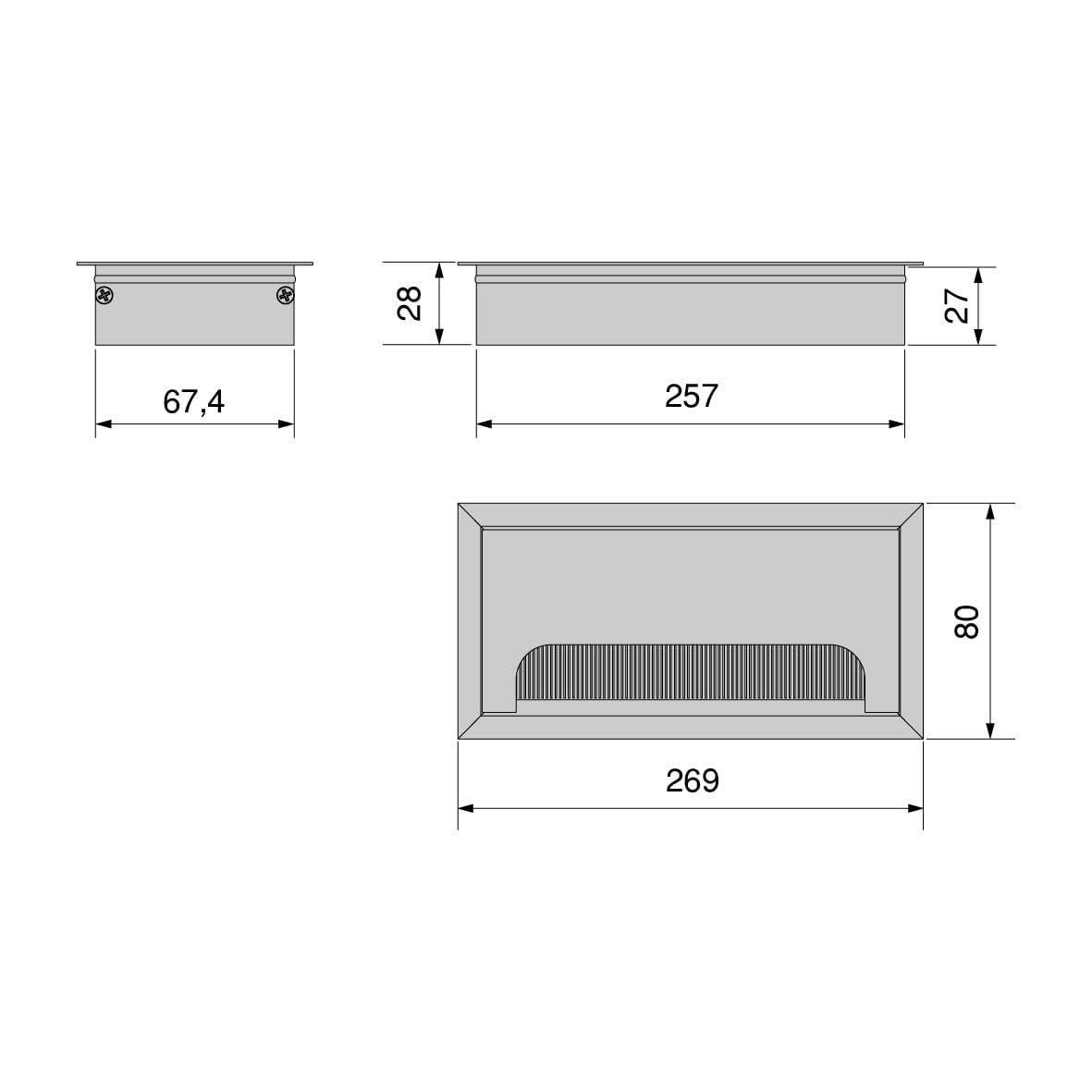Emuca - Pasacables para Mesa, Rectangular, 269x80mm, para encastrar, Aluminio, Pintado Blanco