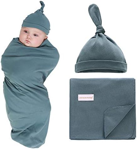 Knitted Baby Swaddle Blanket with Hat Set 100% Cotton, 90x90 cm, Newborn Swaddle Wrap, Receiving Blankets, Burping Cloth, Stroller Cover for Boys Girls