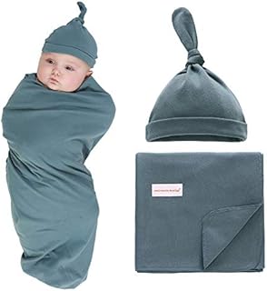 Knitted Baby Swaddle Blanket with Hat Set 100% Cotton, 90x90 cm, Newborn Swaddle Wrap, Receiving Blankets, Burping Cloth, Stroller Cover for Boys Girls