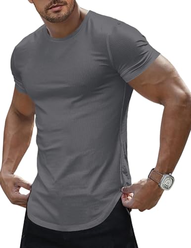 Image of JMIERR Mens Short Sleeve T Shirt Summer Muscle Slim Fitted Crewneck Longline Tees Shirts for Gym Workout