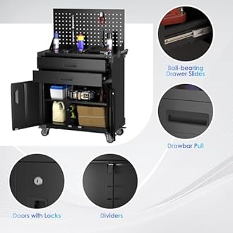 SUXXAN Black Tool Cart with Pegboard and 4 Hooks,Garage Storage Cabinet on Wheels with 2 Drawer,Industrial Service Utility Tool Cart for Mechanics, Garage, Workshop