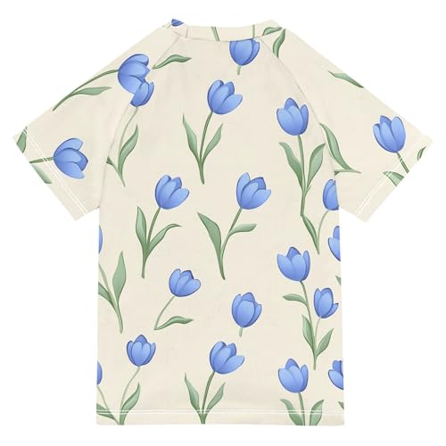 ALAZA Kids Rash Guard Girls Toddler Swim Shirts Short Sleeve Blue Tulip Cream UPF 50+ 3T2