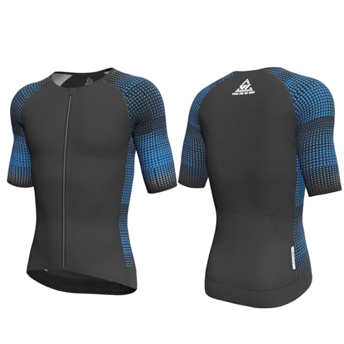 Wulibike Triathlon Herren Oberteil Kurzarm Hohe Elastizität atmungsaktiv schnelltrocknend Radtrikot mit 2 Taschen für Radfahren Laufen Training Schwarz und blau L