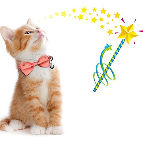 2Pcs Breakaway Cat Collars With Bowtie And Bell Golden Stars Pattern Safety Kitten Collars, Adjustable From 7.0-12.5 Inch(Black&Pink) #TOP3