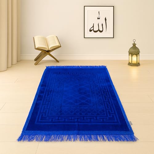 Image of Modern Premium Janamaz Prayer Mat Musalla Soft Velvet Mat For Salah Musallah And Namaz, 20 Cm, 10, Blue, Rectangular