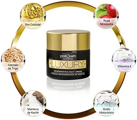 Postquam - Crema de Noche Luxury Gold | Crema Hidratante con Acido Hialuronico y Oro Coloidal - 50 Ml