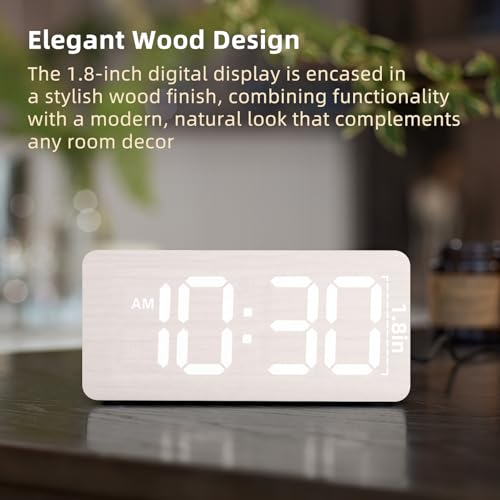 Image of uscce Wooden Digital Alarm Clocks for Bedrooms with 0-100% Dimmable Display | Desk Clock with Large Numbers for Living Room - Loud Dual Alarm for Heavy Sleepers with Volume Control - Wood Decor & Gifts