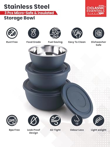 Image of CLASSIC ESSENTIALS Stainless Steel Microwave Safe Mixing Bowls Set with Lid Food Serving and Storage Containers for You Modern Kitchen (CE-MSB-3Navy Blue)