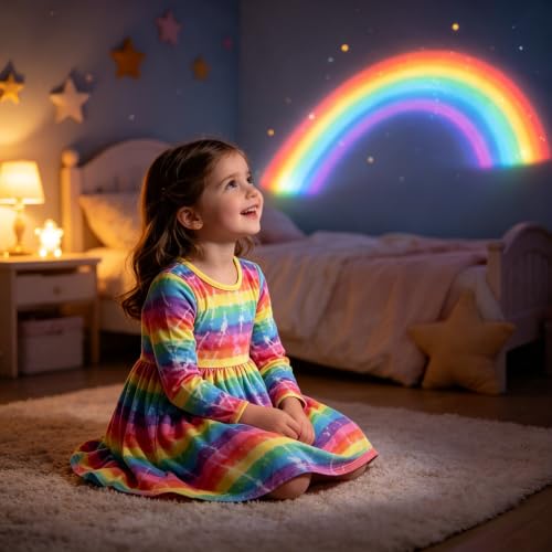 Image of Tkria Toddler Girls Rainbow Dress Striped Fall Dress Cartoon Colourful Long Sleeve Casual Dressy 2-7T