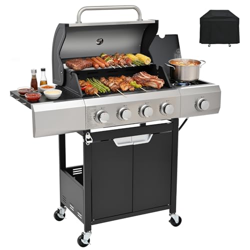 Image of EUHOME 4-Burner Gas Grill with Side Burner & Cover, 51000 BTU Stainless Steel Outdoor BBQ Grill, 452 sq.in Cooking Area, Ideal for Backyard, Patio Large Gatherings