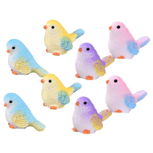 SHINEOFI Figuras de Pájaros Miniatura de Resina 8 Piezas Diseño de Pájaros Color Rosa Amarillo y Morado Figuras Decorativas Multifuncionales para Paisajismo y Decoración de Escritorio