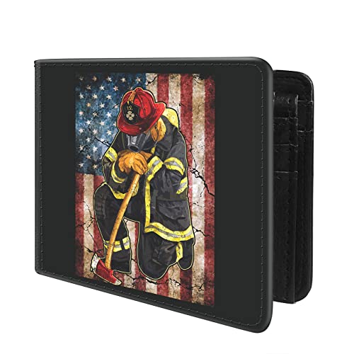 (Firefighter on Grunge Background of USA Flag Front Pocket Slim Bifold Leather Wallet RFID Blocking with ID Window for Men