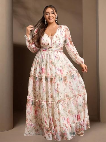Image of Spring Summer 2024 Plus Size Womens Dresses V Neck Casual Elegant Long Sleeve Floral Print Maxi Dress