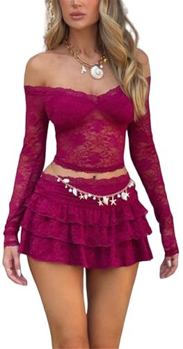 Women Y2k Ruffle 2 Piece Skirt Sets 3D Floral Sheer Mesh Crop Top Bodycon Mini Skirt Fringed Tassels Summer Set