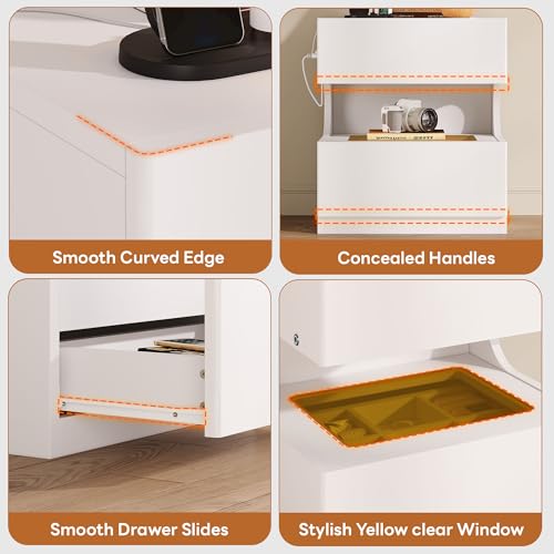 Image of Modern Nightstand with Bluetooth Speaker, Bedside Table with LED and Charging Station, 2 Drawers End Table with Visual Jewelry Drawer, Night Stand for Living Room /Bedroom