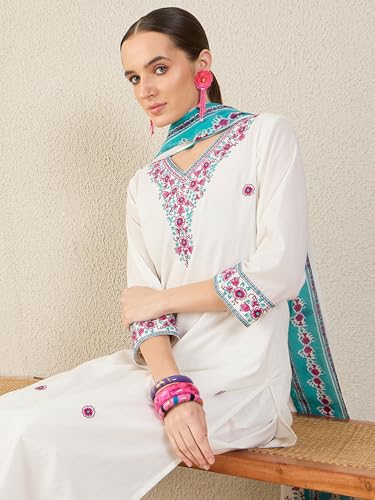Image of INDO ERA Women's Pure Cotton Embroidered Calf Length Straight Kurta and Pant with Dupatta Set (KH0WH6159)