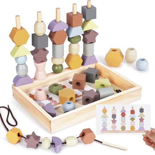 Image of Montessori Toys for 3 Year Old - Wooden Lacing Beads & Stacking Blocks Toys for 3 4 5 Year Old Girl Boy Easter Birthday Gifts, Preschool Learning Activities With Beads Sequencing Set for Kids Age 3+