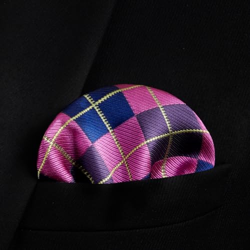 HISDERN SetSense Men's Plaid Jacquard Woven Self Bow Tie Set One Size Navy Blue/Pink