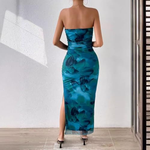 Image of Women's Mesh Floral Strapless Bodycon Maxi Dress Ruched Long Tube Dresses Summe Sexy Party Club Dress Y2K Dresses