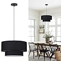 18” Modern Double Drum Fabric Pendant Light, Drum Chandelier with Black Lampshade E26 Base, 3 Light Dining Room Light Fixture Farmhouse 2-Tier Chandelier for Bedroom and Living Room(Bulb not included)
